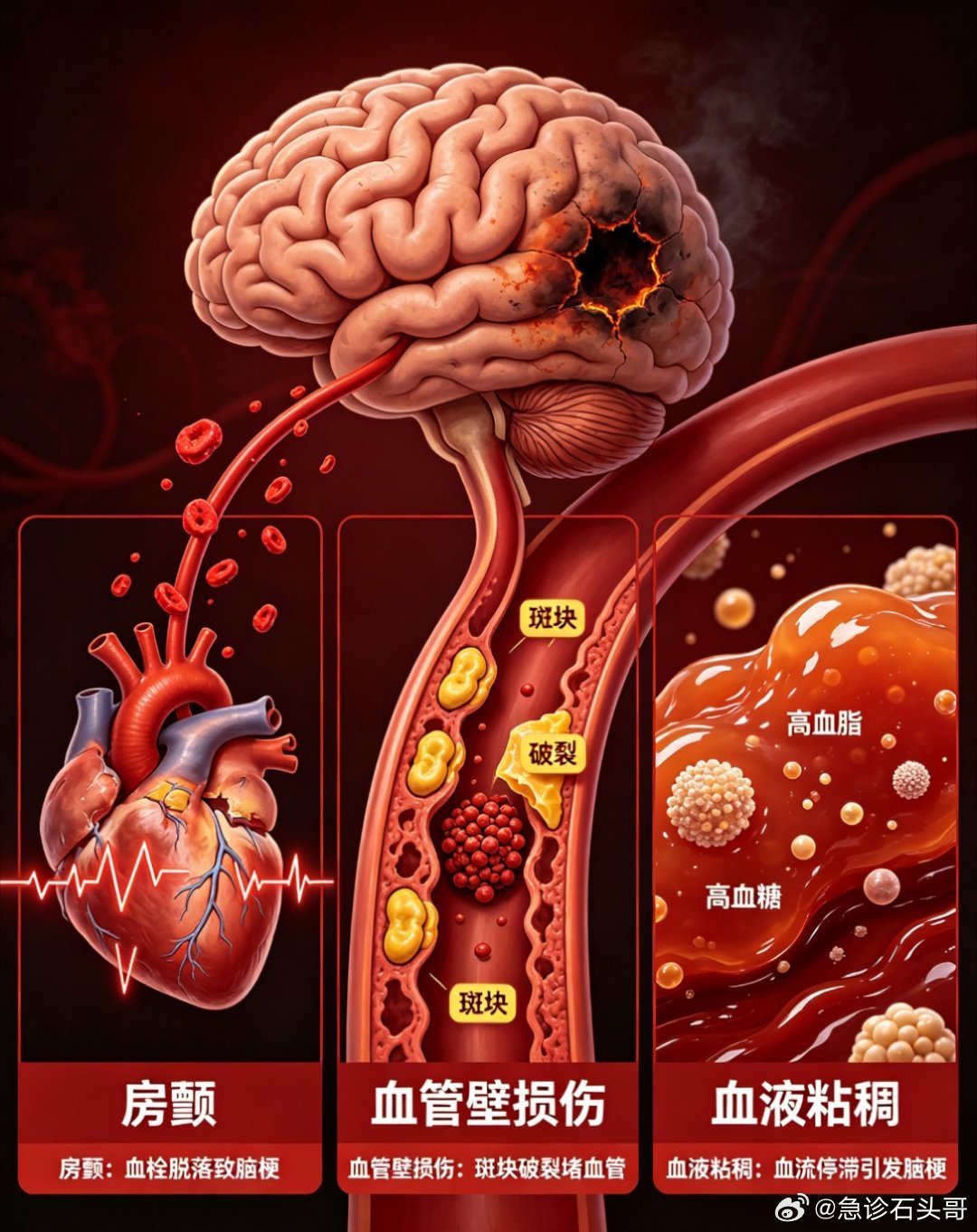 “幕后黑手”最常见有三个：     一是心跳乱套——房颤患者心房内血流...