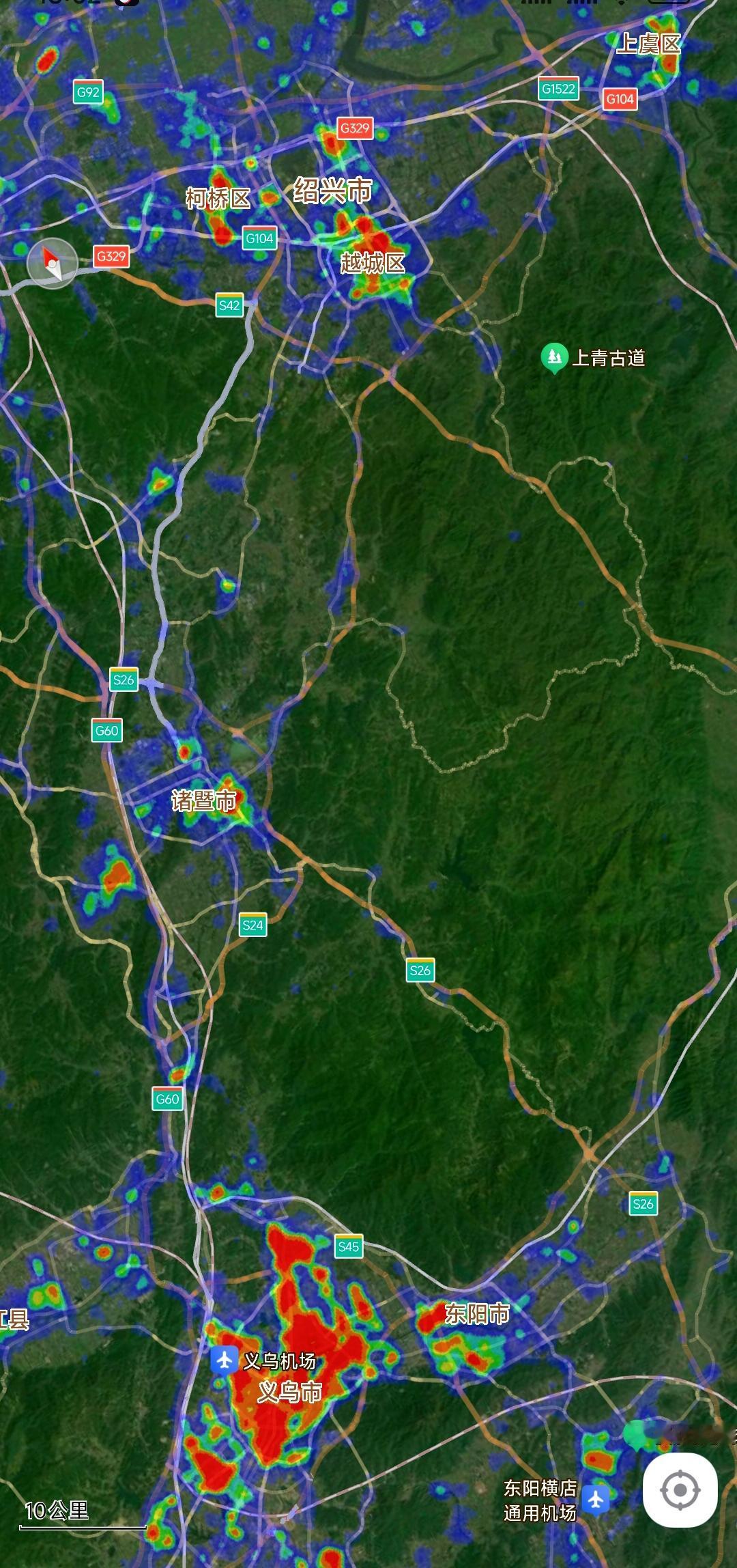 虽然义乌是金华代管的县级市，但是从城市热力图看义乌的繁华程度略胜绍兴市区一筹，对