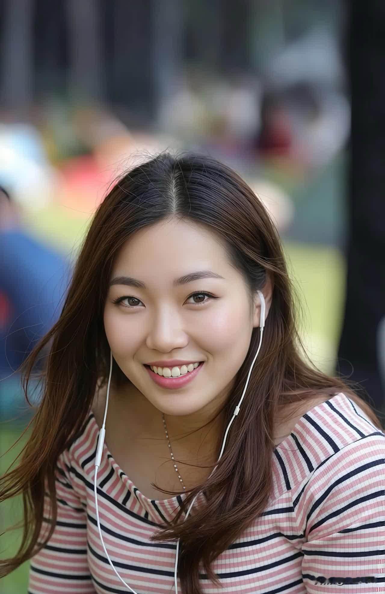 女孩坐在草地上听音乐，好惬意！