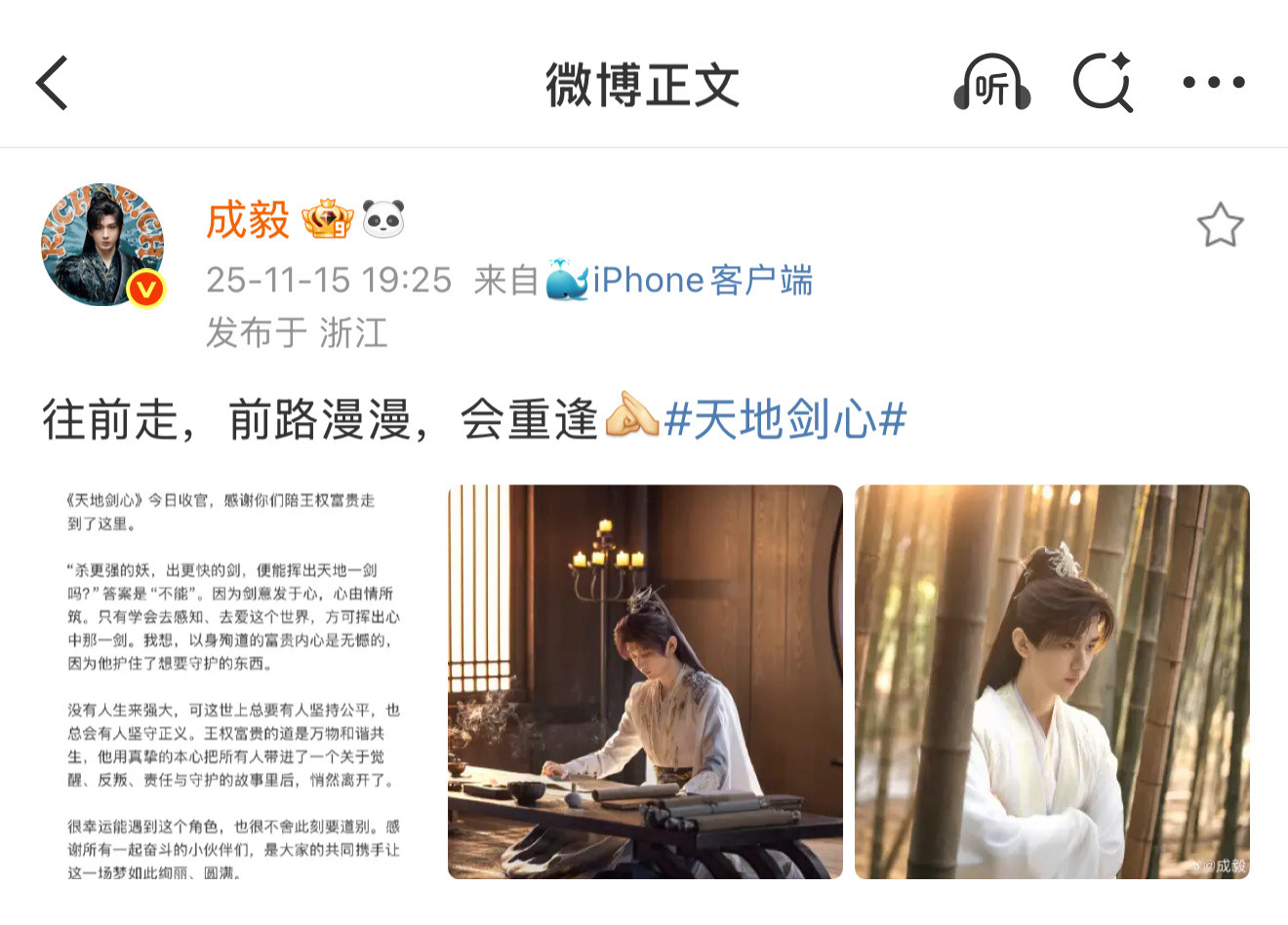 每一次角色收官，都像一场盛大的告别。成毅的笔下有真情，字里行间都是与王权富贵的灵