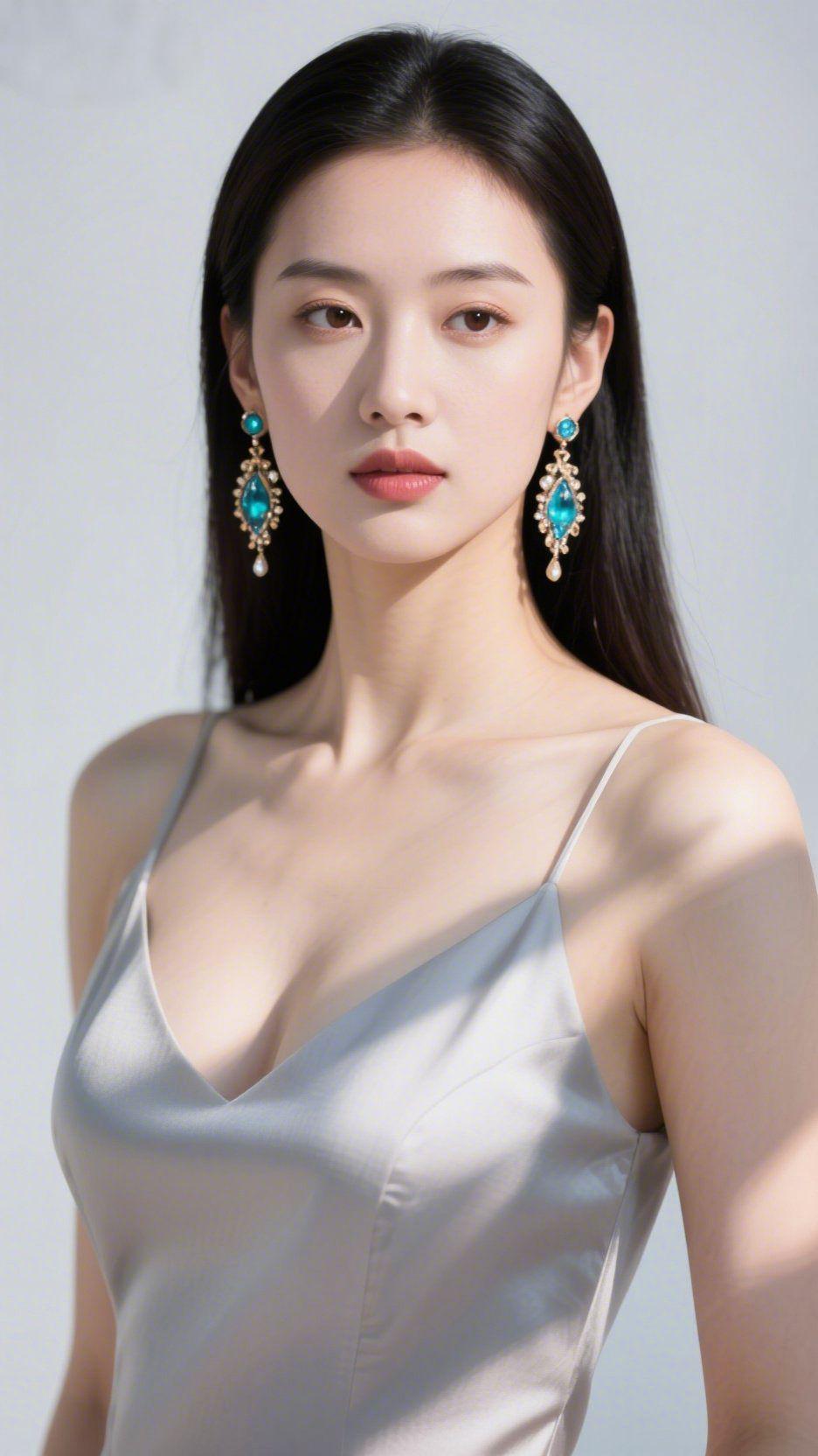 《银缎里的清宁柔光》浅光轻落素净背景，她身着的银缎吊带，似揉软的月白纱帛轻