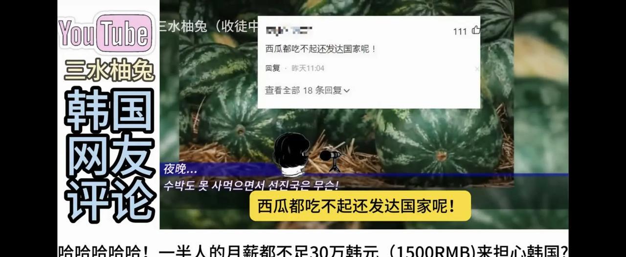 韩国网民，我们的收入是中国的10倍，我们只是不爱吃西瓜，而不是吃不起西瓜，还说中
