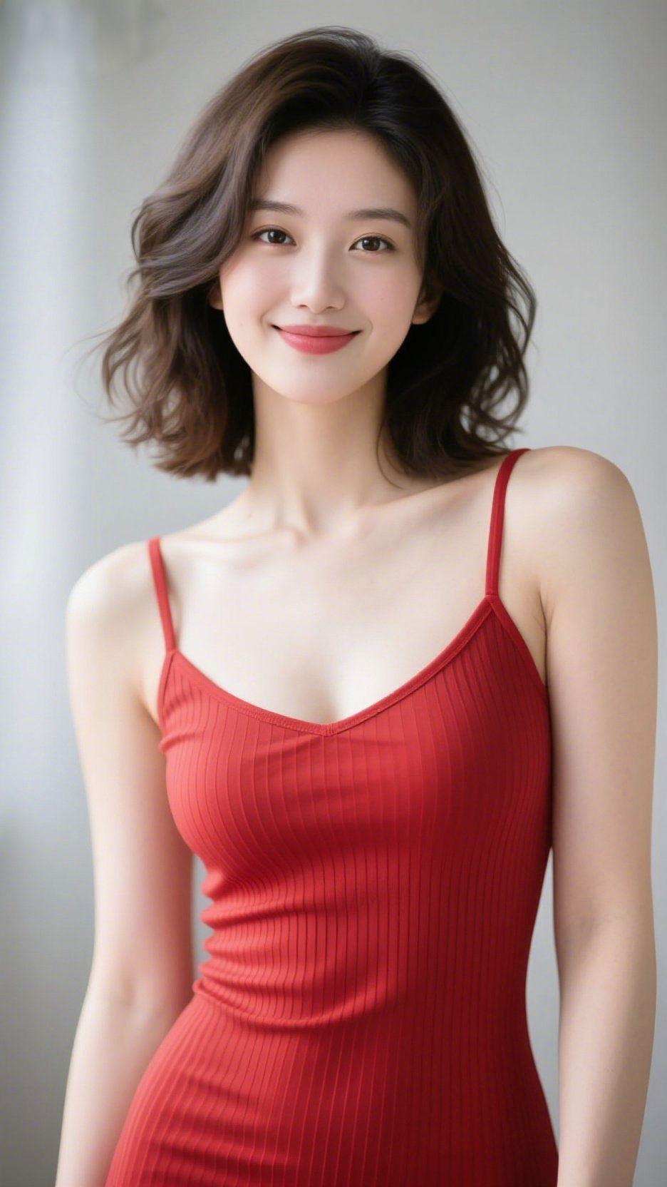 红裙漾温柔竖纹红裙揉进浅灰的光影，像揉碎的焦糖，裹着一份慵懒的温柔。她眉眼