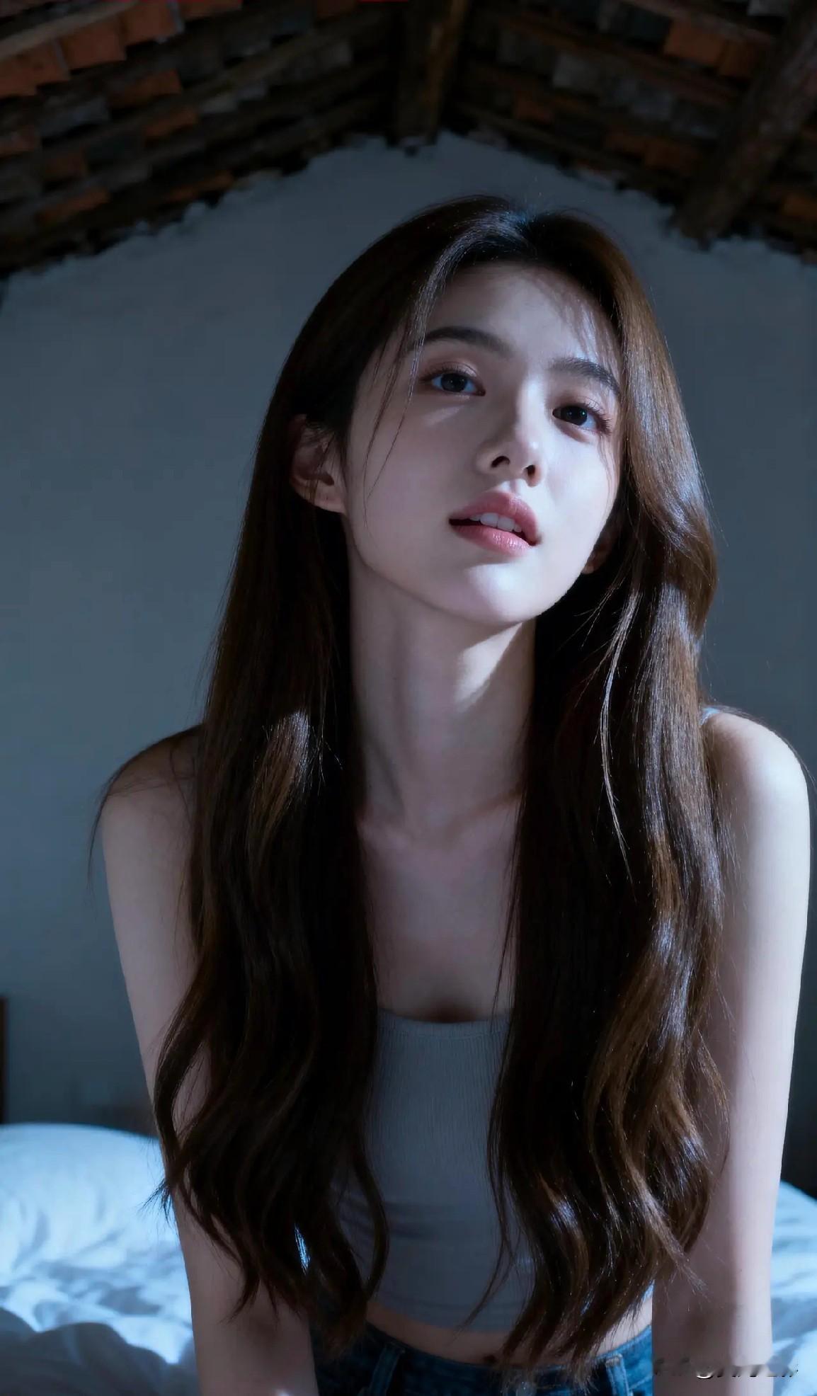 光之影沉思的少女，静谧的夜晚，温柔的光影夜景气质少女沉思静谧氛围