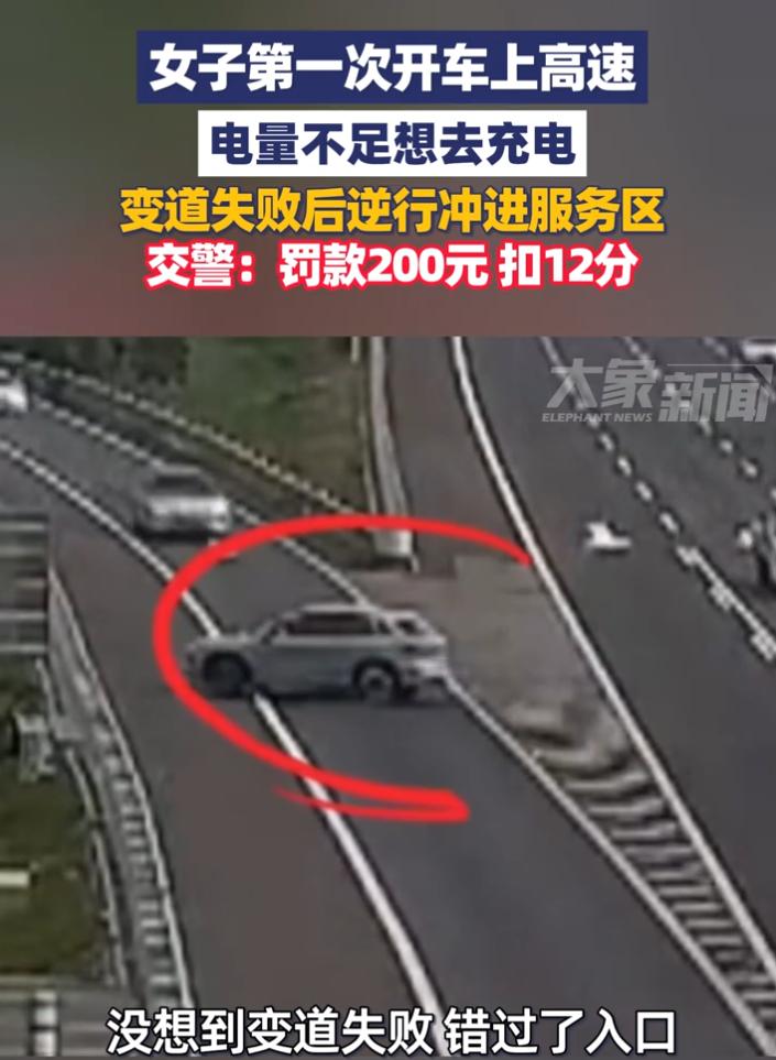 太惊险！女子第一次上高速，电量不足错过服务区，竟直接逆行冲进去！交警：扣12分，