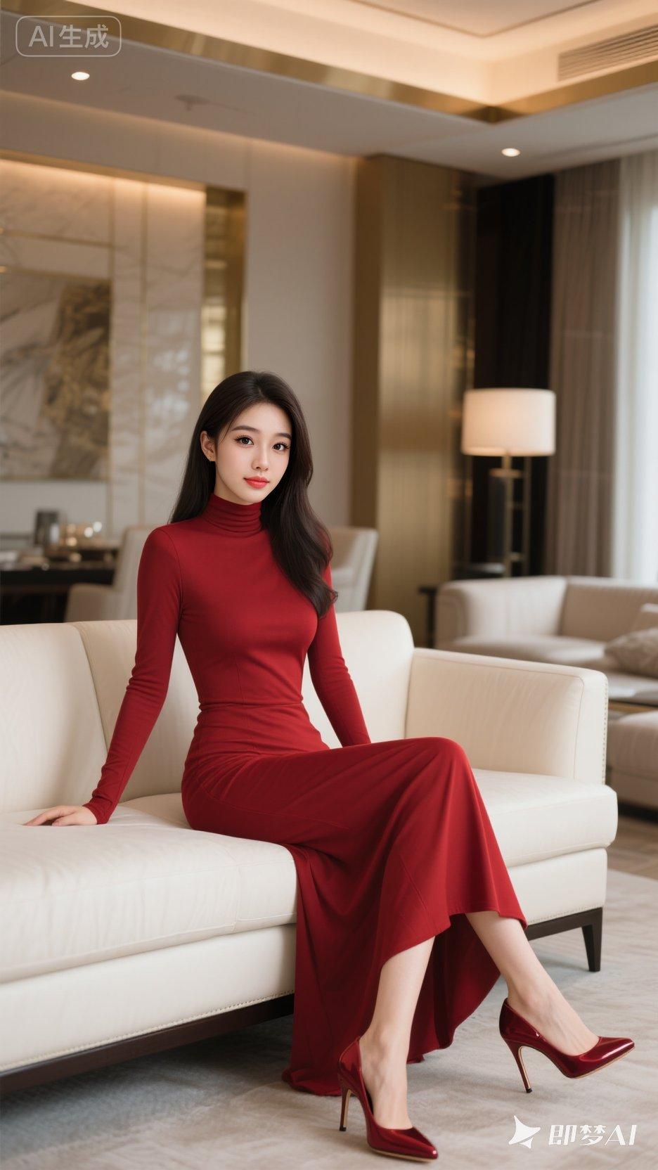 人像摄影，一高挑高颜值美女，侧坐在米白沙发上，五官立体精致，皮肤白暂光泽，穿紧身