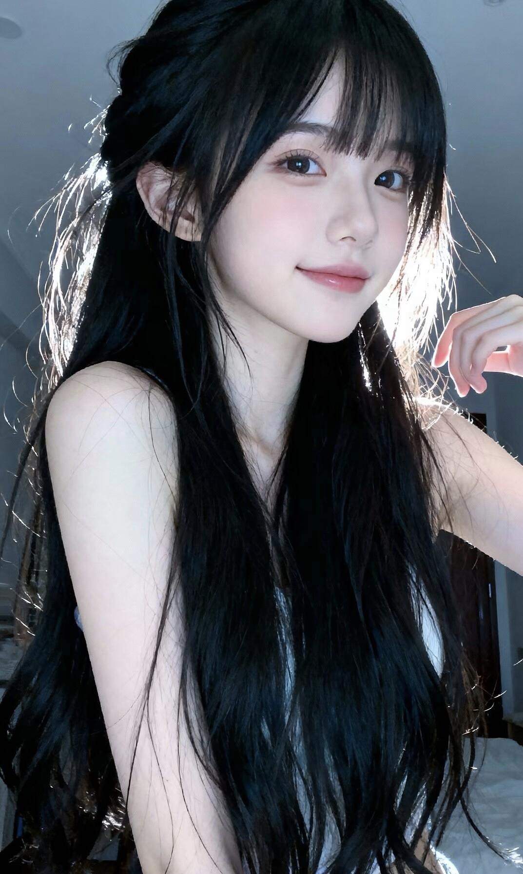 阳光下的甜美少女，黑发如瀑，笑靥如花。你眼中的小清新女生