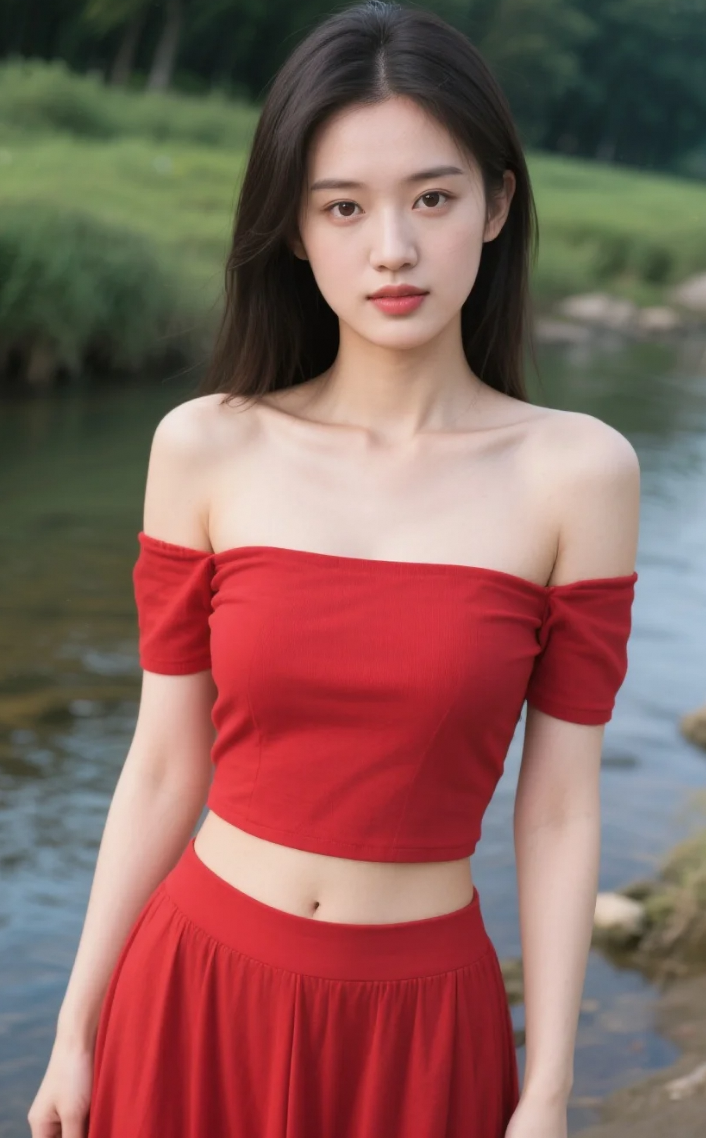 纯真娇娘，河畔驻足赏景，气质灵动，特写画面记录纯真模样
