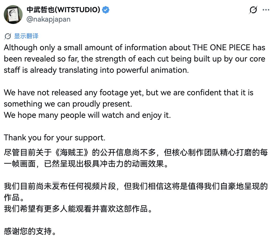 WITSTUDIO董事、联合创始人中武哲也，对海贼王重制版充满信心：“尽管目