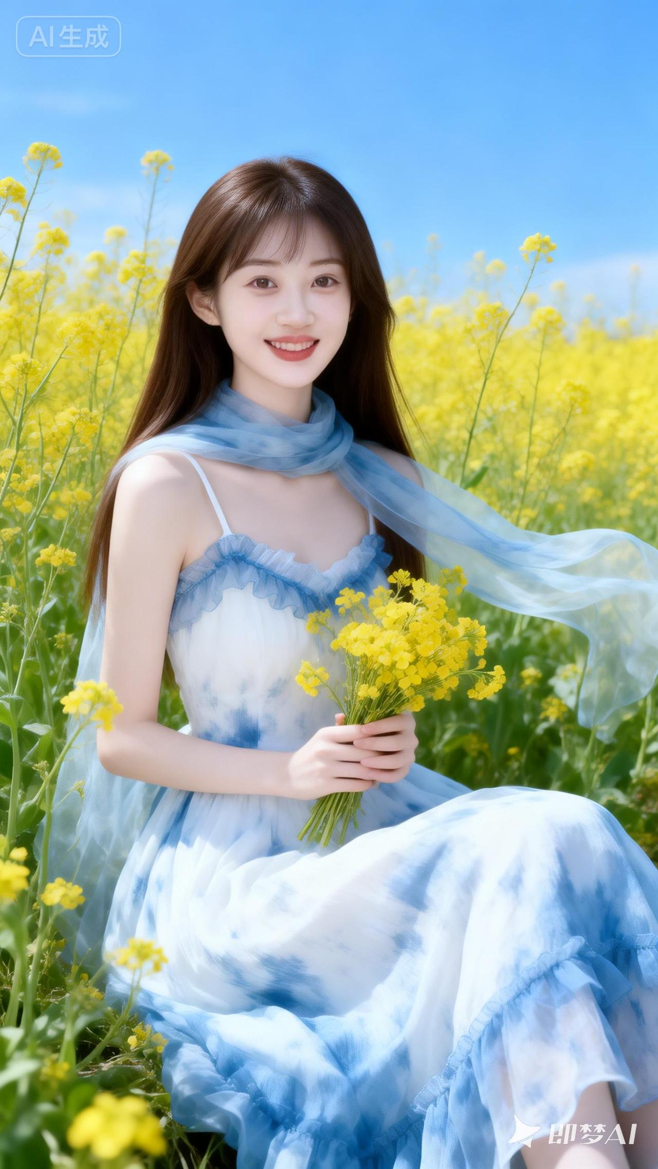 在花海中，她笑靥如花，仿佛春天的精灵。