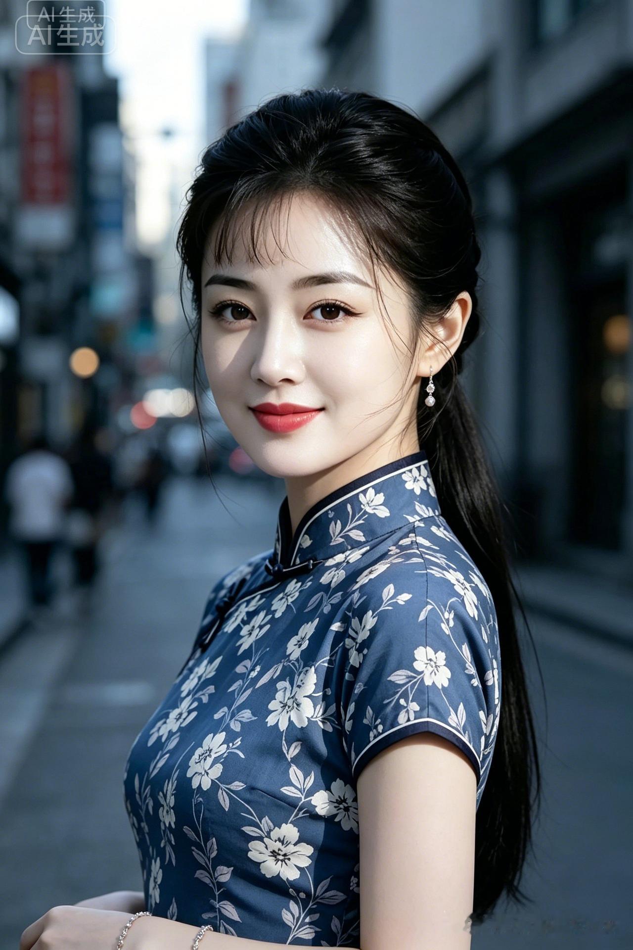一个穿旗袍的姑娘在街头微笑。