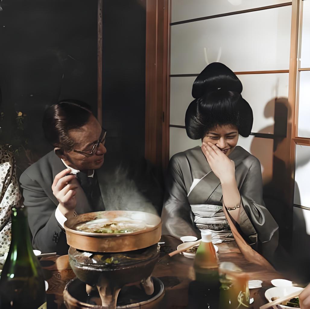 这张1955年前后的老照片，画面里一名艺妓正陪着客人吃饭呢。那时候，日本刚从二战