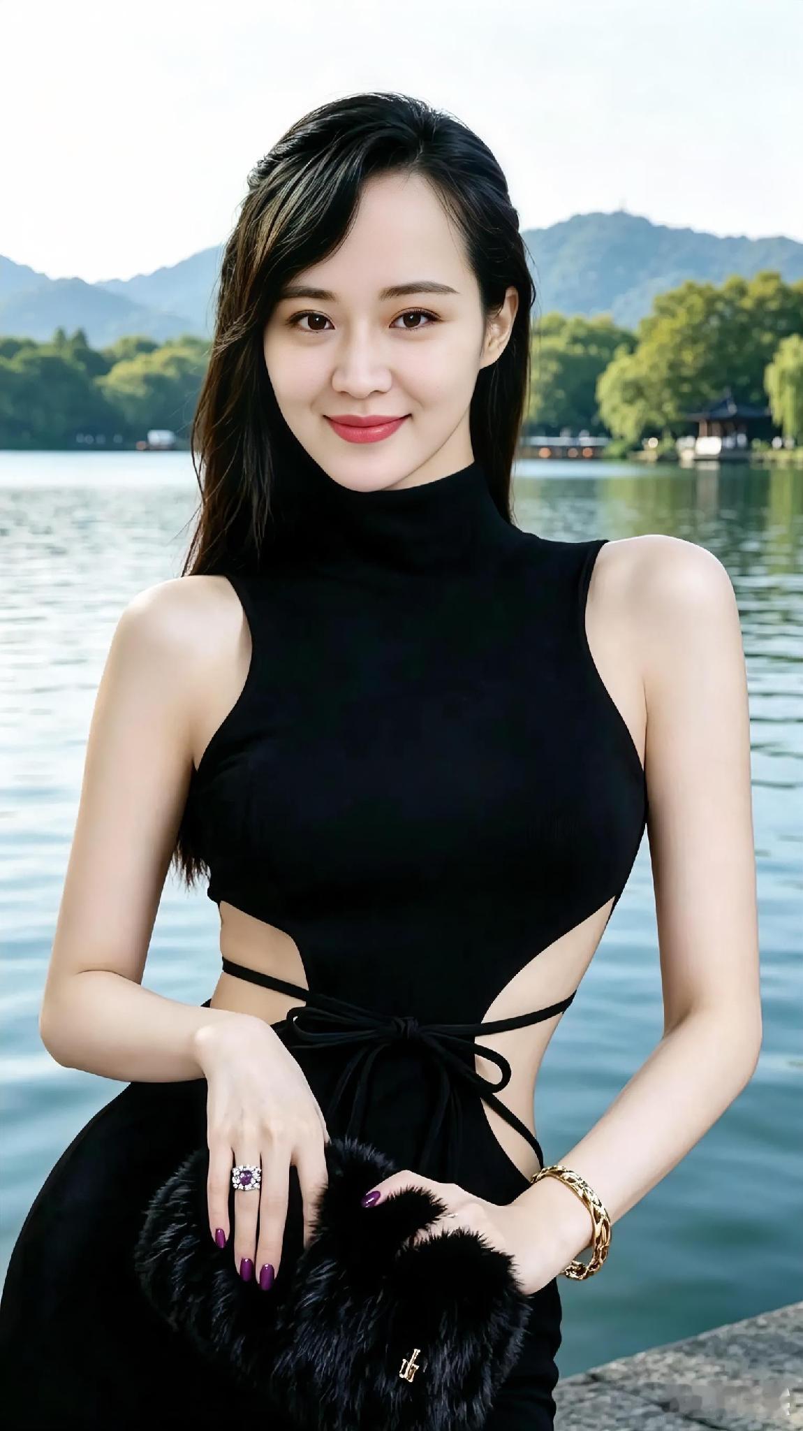 优雅黑裙，湖畔轻奢，尽显时尚魅力高级质感黑裙黑裙知性照简约大气黑裙