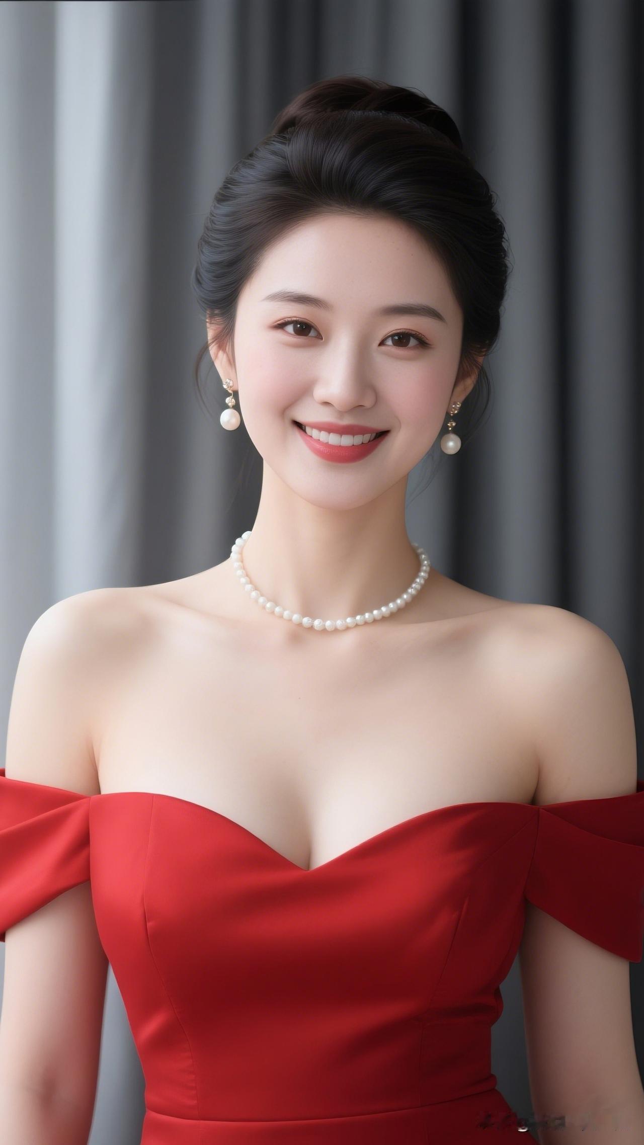 红衣美人笑，珠光映玉颜。哪位是你们心中的女神呢优雅红裙，珍珠闪耀，甜美笑容，女