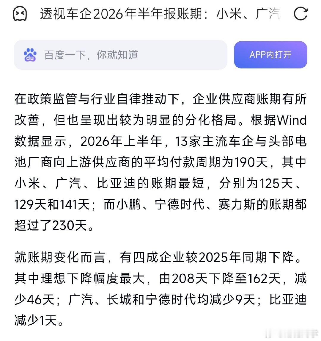 国产汽车给供应商付款最快的五家厂商是小米、广汽、比亚迪、吉利、理想。其中小米账期最短，给钱最痛快。​