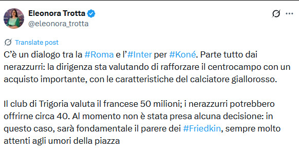 罗体Trotta：罗马与国米正在就科内进行对话，一切都是由国米方面发起的，他们正
