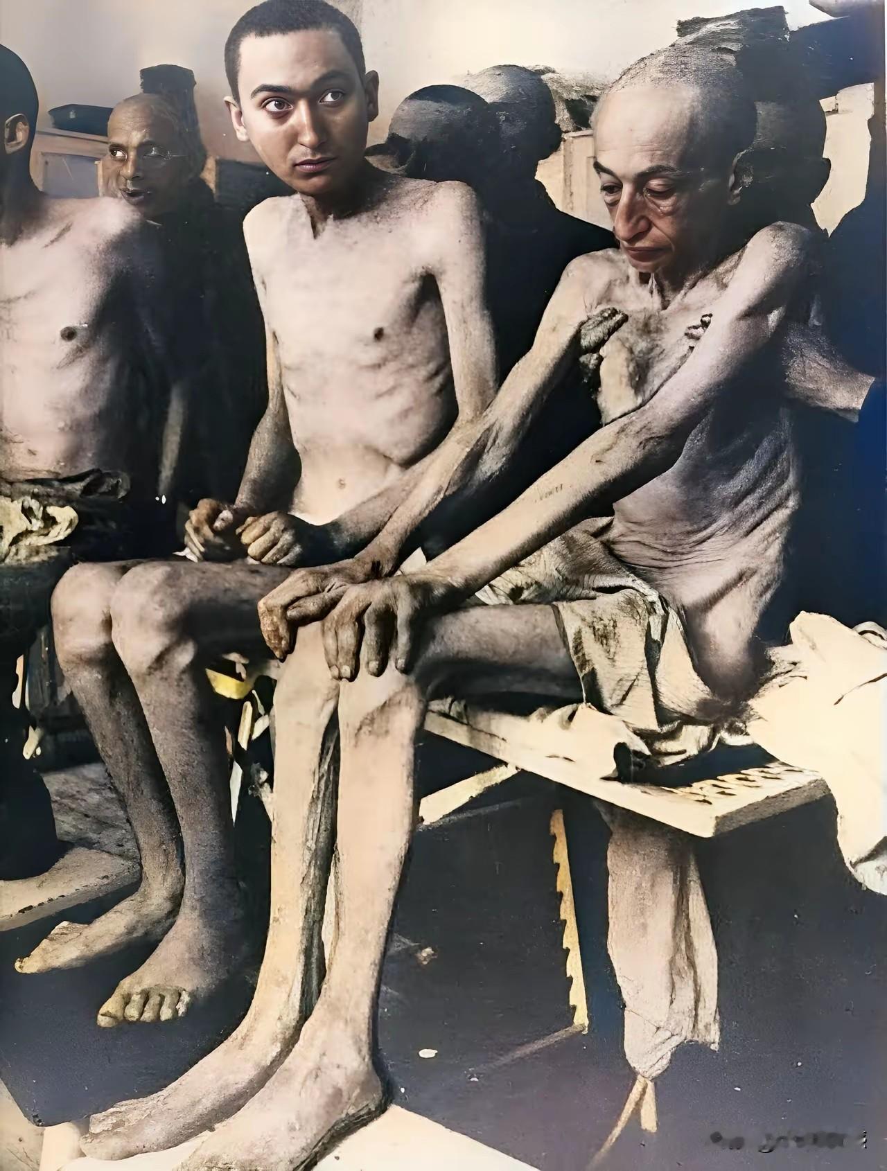 奥斯维辛集中营关押的人，被解救出来的时候，已经瘦成了这个样子，简直就是皮包骨，身