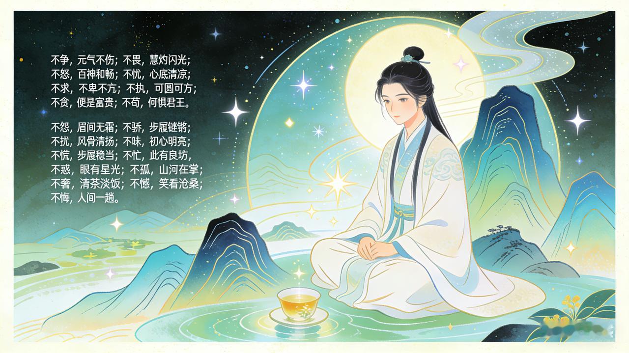 弘一法师说：“不争，元气不伤；不畏，慧灼闪光；不怒，百神和畅；不忧，心底清凉