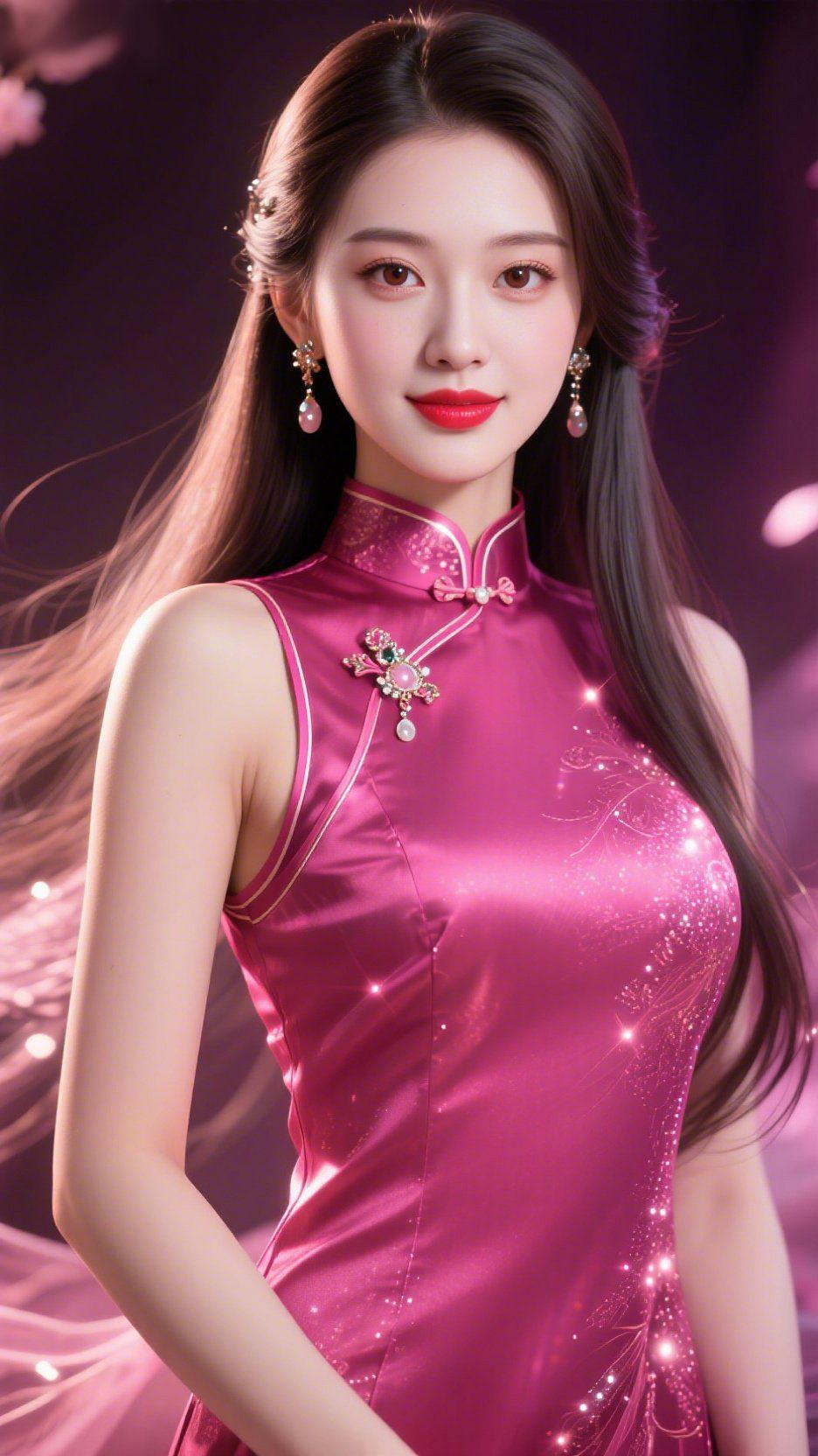 玫韵染芳华一抹玫红旗袍，揉碎了东方的温婉，也盛放了时光的惊艳。缎面的光泽如