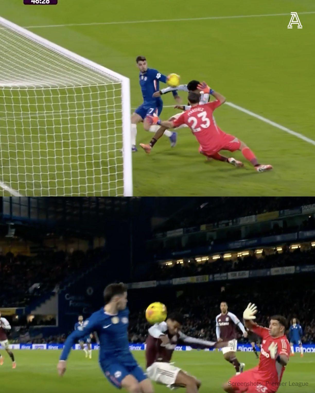 【手球争议】切尔西主场1-2负于维拉，下半场第47分钟，加纳乔传中，球打在了马特