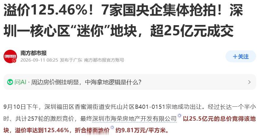 资本高价拿地，背后的原因是什么？近日，深圳一块住宅用地，楼板价拍到9万，参与