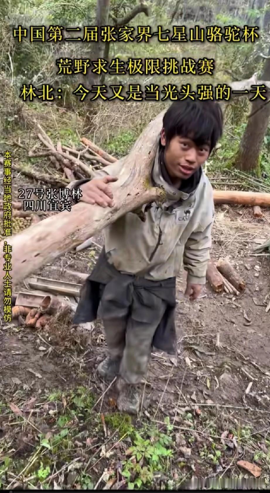 荒野求生惊现光头强！林北来了！张家界七星山的树林里，27号选手张博林扛着粗