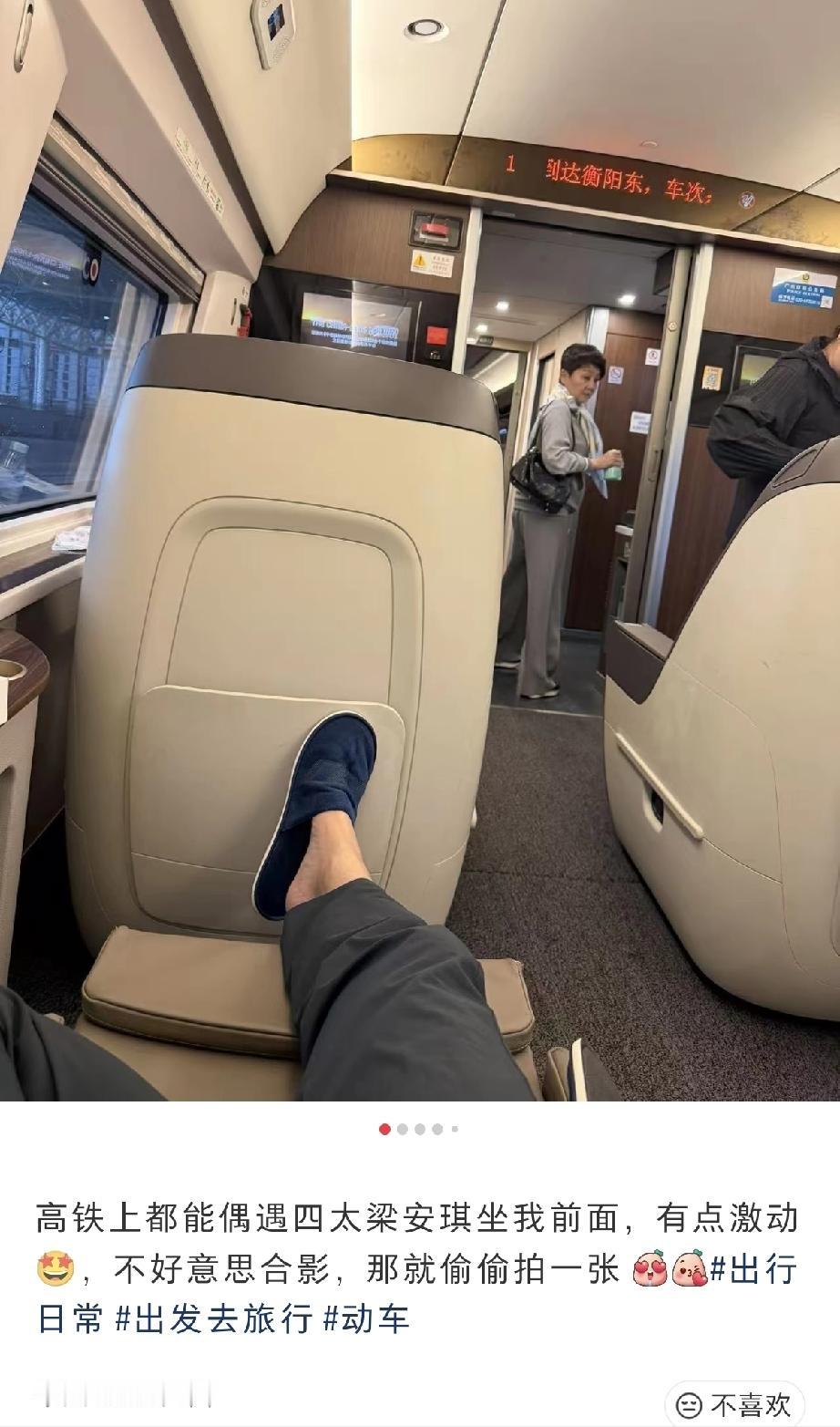 曝四太梁安琪4月20日带保镖乘坐高铁，同行一共有三个人，梁安琪背的那个包包已经很