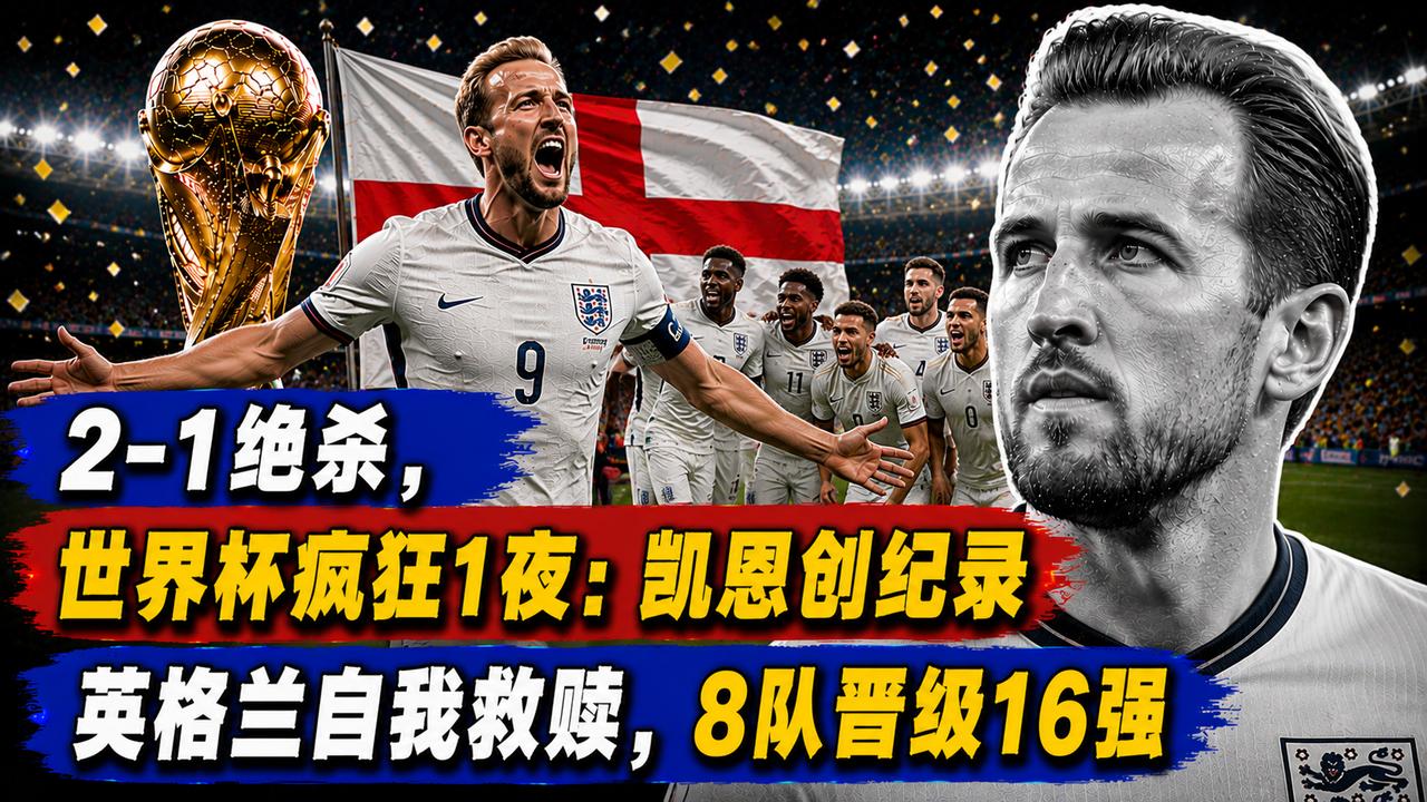2-1绝杀，世界杯疯狂1夜：凯恩创纪录英格兰自我救赎8队晋级16强一场原本