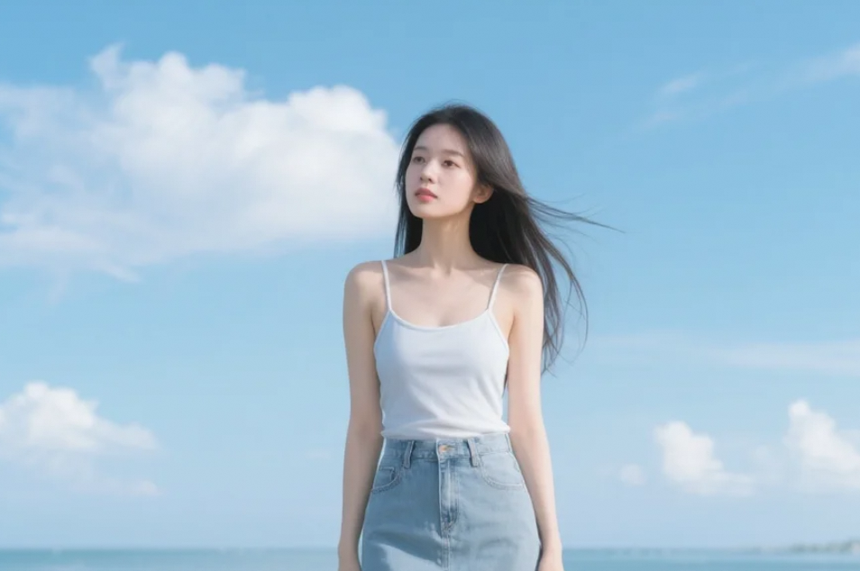 她穿着泳装站在海边，美得让人挪不开眼
