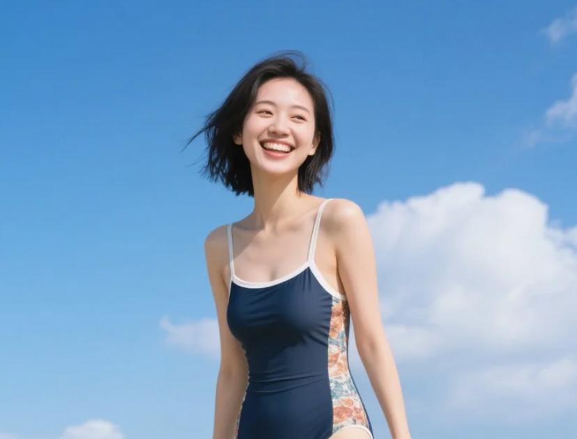 穿上海天一色的泳衣，我成了最美的风景线