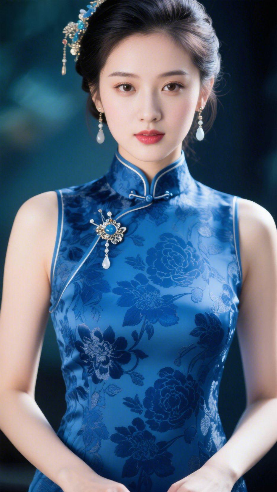 青蓝旗袍染芳华墨绿的背景晕着朦胧的光，衬得这件青蓝旗袍愈发雅致。暗纹牡丹在