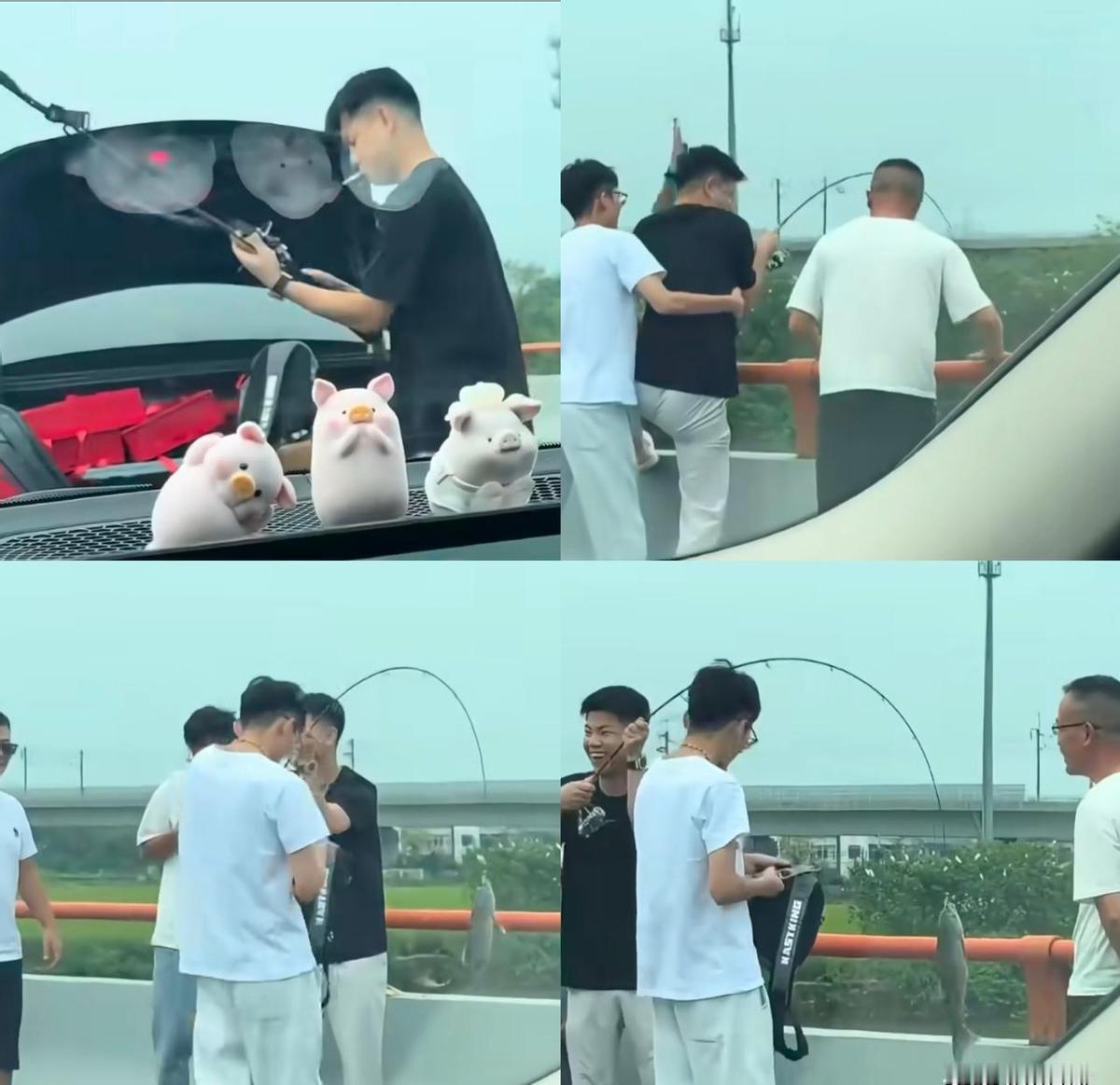 高速堵车，有人支竿钓鱼，10分钟钓上条鲫鱼，点赞200万。交警来了，罚200块