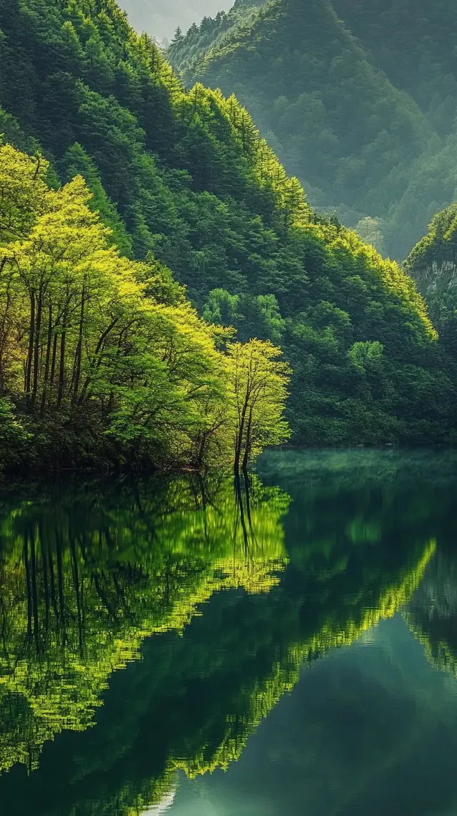 自然之镜: 翠绿山峦在水面上的完美倒影