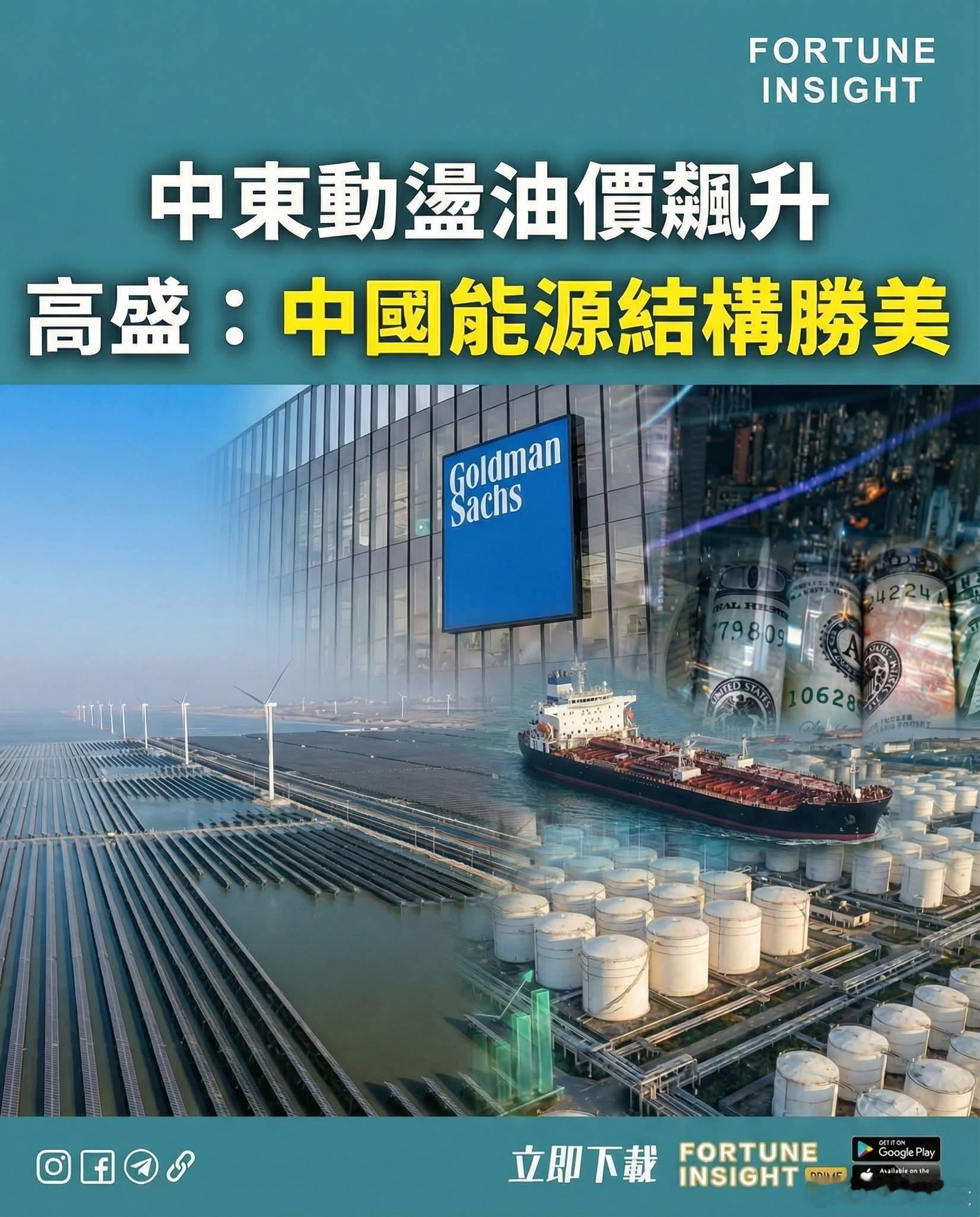 高盛:中国能源结构优于美国高盛分析显示，与许多高度依赖原油进口的国家不同，石油及