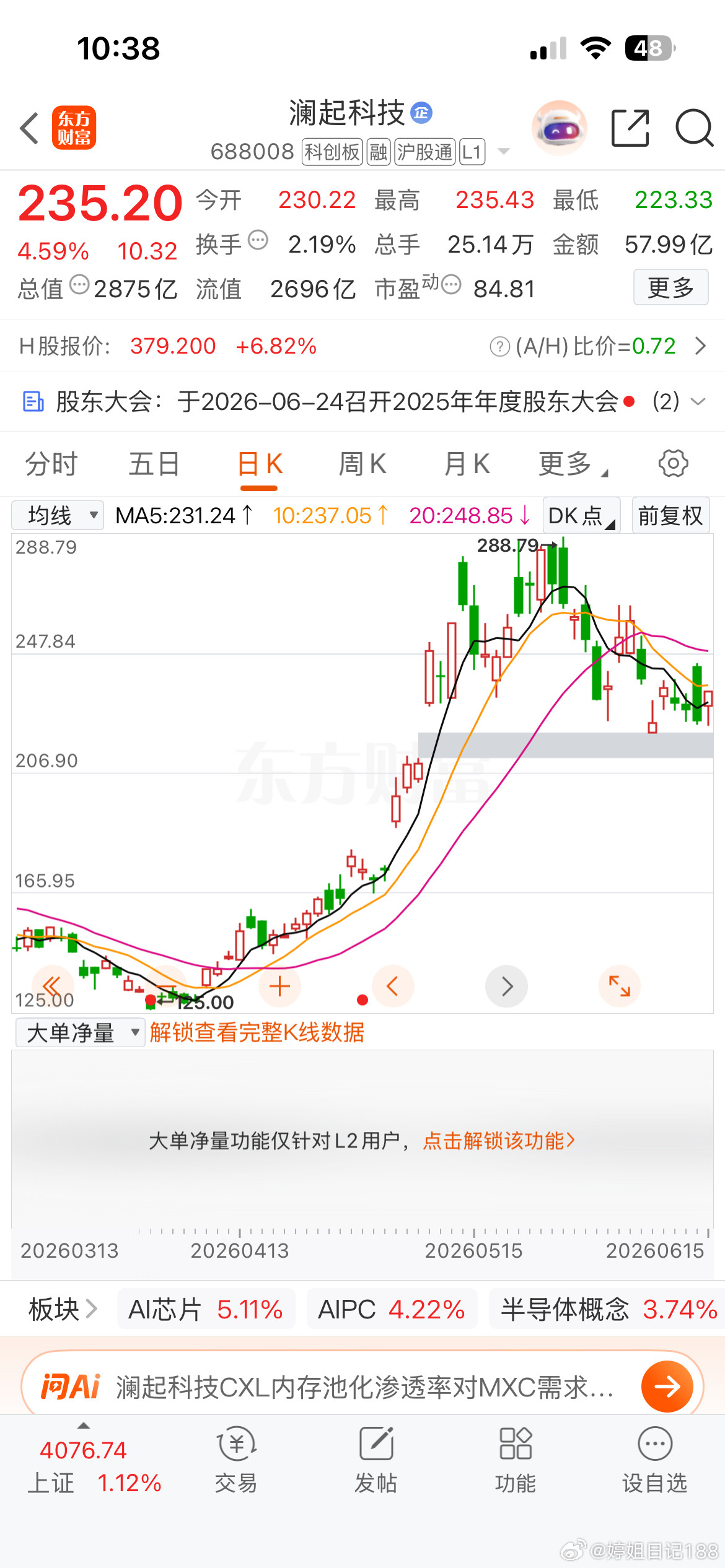 澜起科技，未来比较长时间我会多看几眼。过去的市场，一直在交易存储芯片HBM显存逻