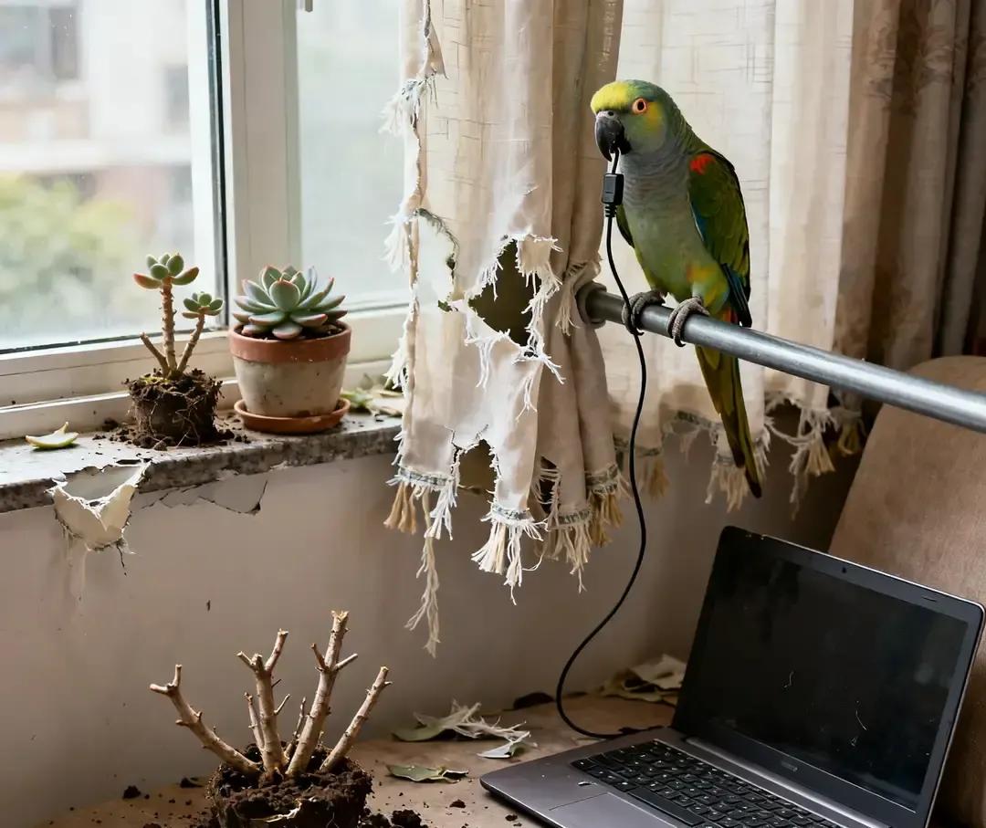 博主小羽出差三天回家，客厅直接变废墟：沙发被掏成蜂窝，地毯成条，电脑线咬断主机冒