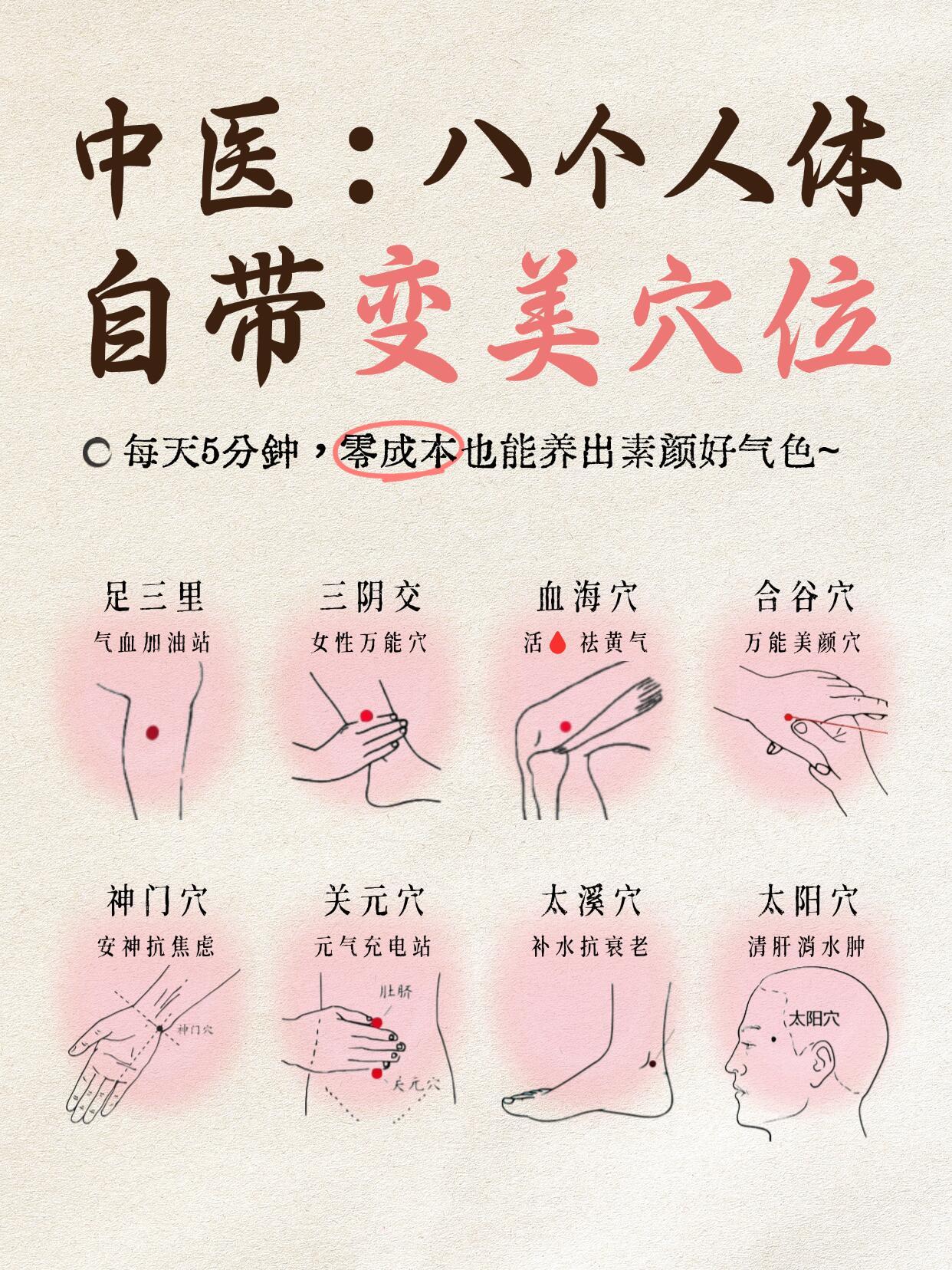 人体自带的8个变美穴位，5分钟养出好气色中医认为，气血是容颜的根基🌱通过按摩特