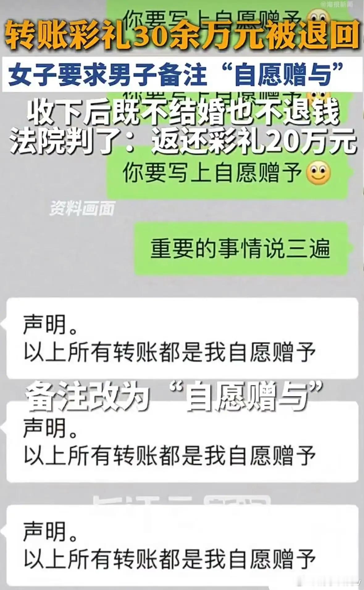 女子要求30万彩礼备注自愿赠与后悔婚上海一对情侣筹备婚礼，拍了婚纱照、办了婚宴、