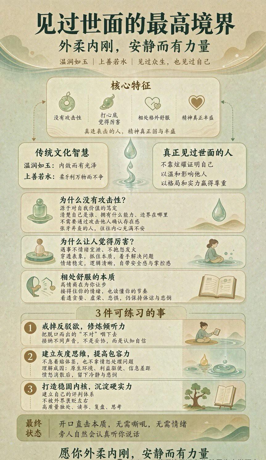 见过世面的最高境界，是外显柔和，内藏刚强，于安静之中蕴含磅礴力量。很多人觉得