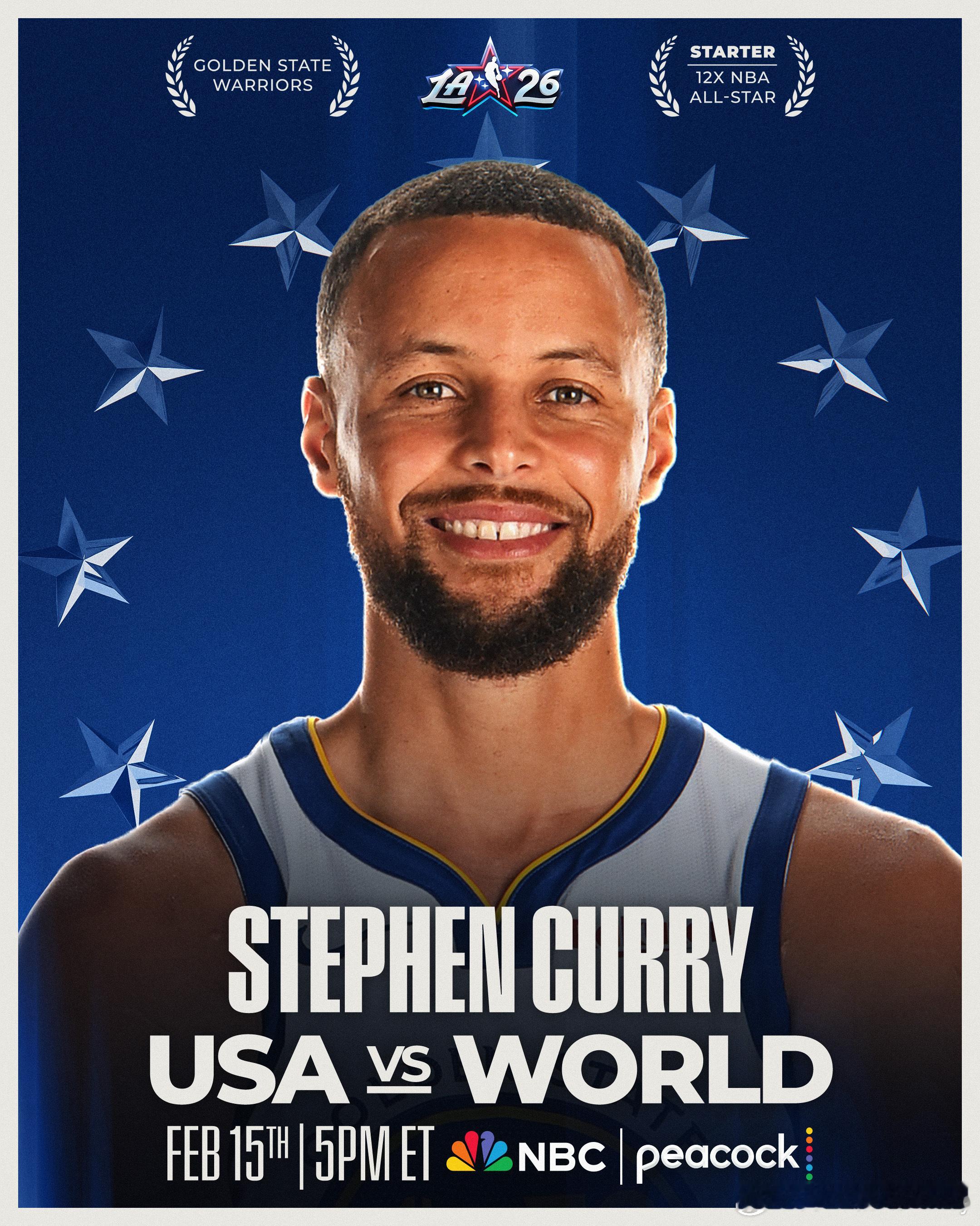 库里入选第75届NBA全明星赛首发阵容，这是他职业生涯第12次入选全明星（其中第