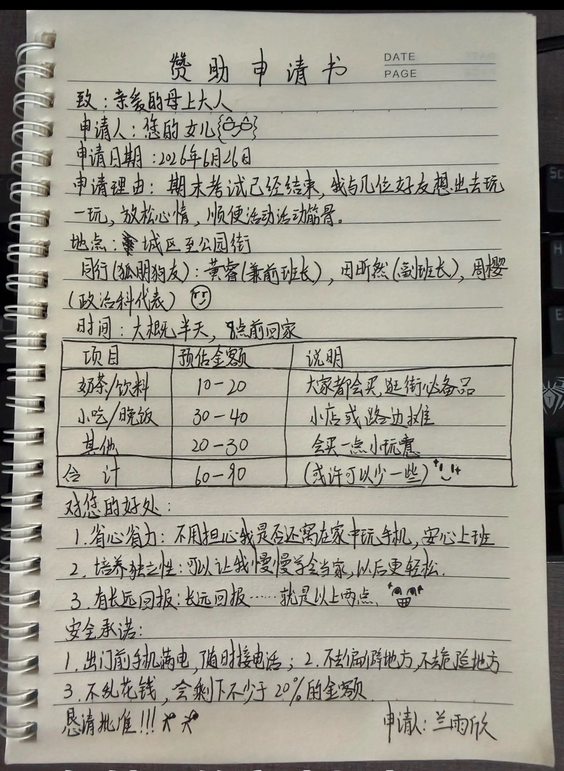网友女儿初二放假了。申请资金赞助，该批多少合适呢？