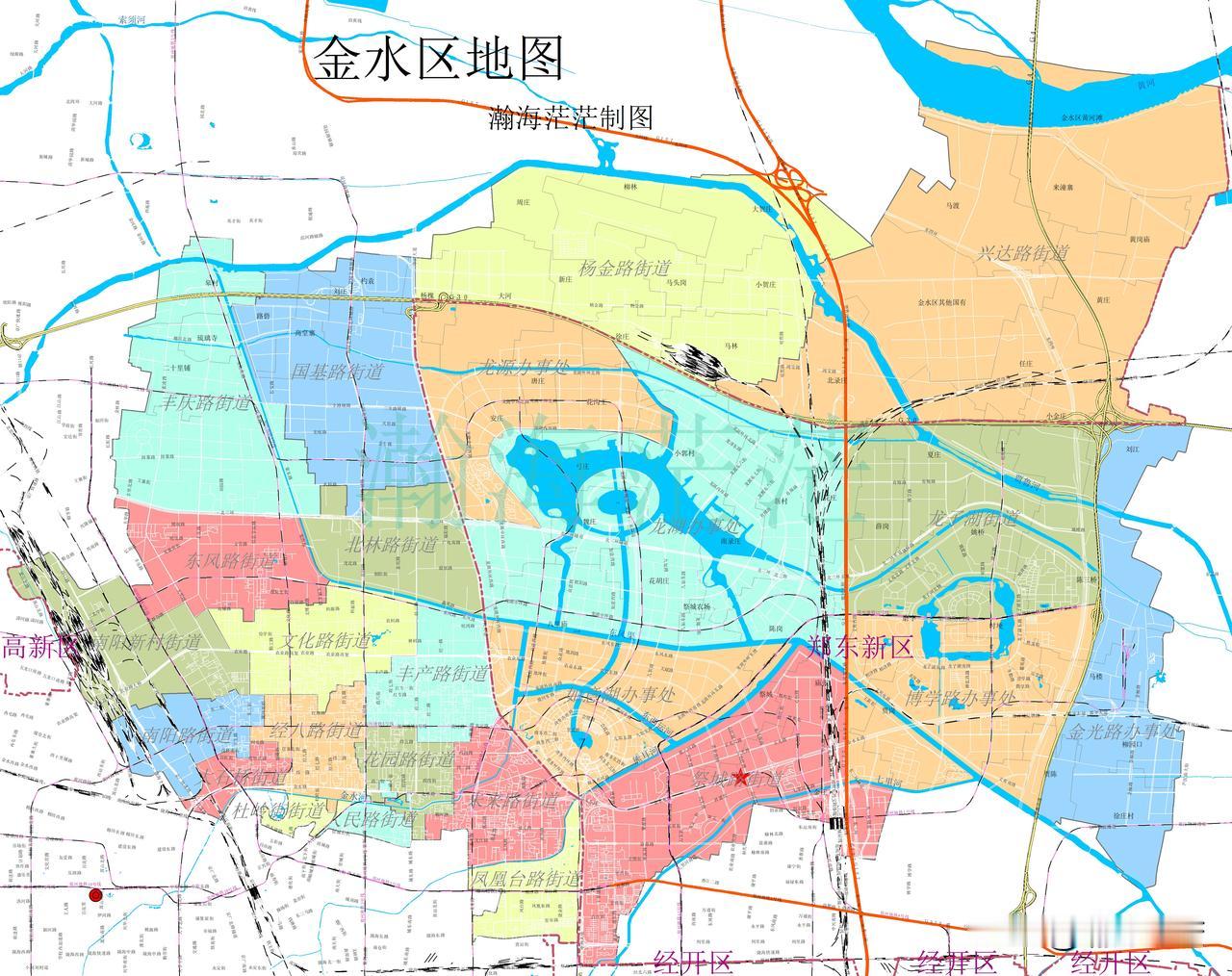 郑州市金水区简图。继中原区，二七区，管城区后，整理出金水区简图。有乡镇街道边界