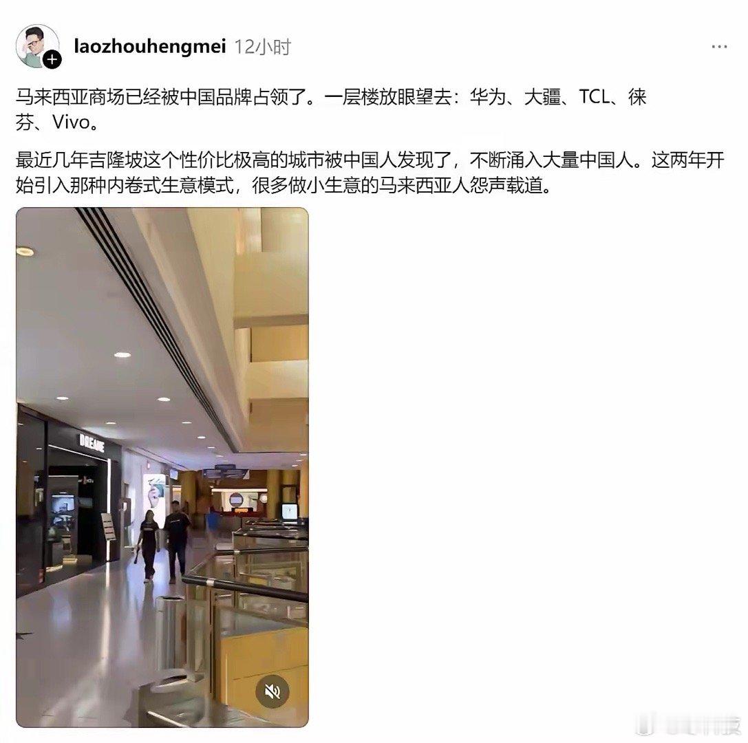 马来西亚人感慨“生活正在被中国化”。他发帖控诉“吉隆坡的商场里，华为、大疆、TC