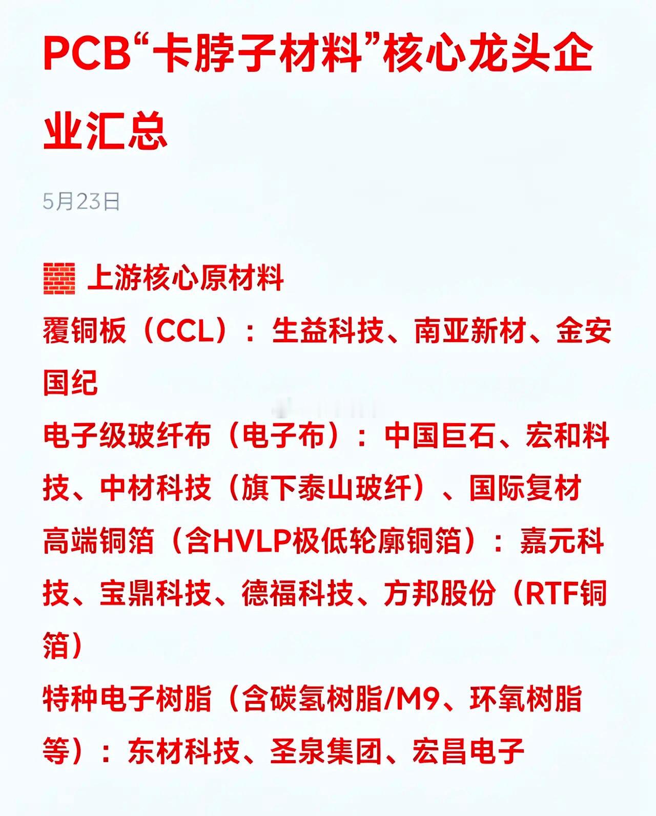 PCB“卡脖子材料”核心龙头企业汇总🧱上游核心原材料覆铜板（CCL）：生益科