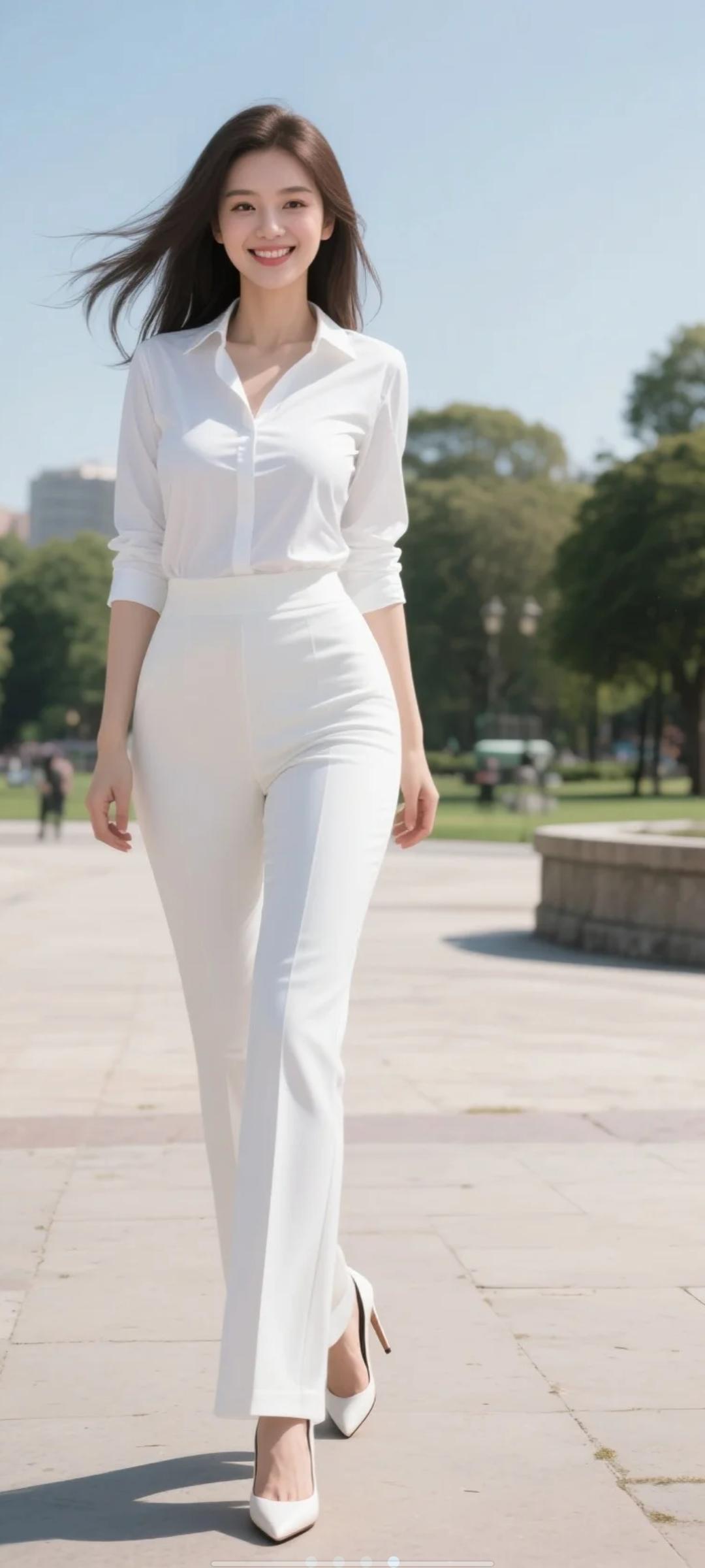 分享生活美好时刻大美女，紧身纯白色衬衫，同色紧身阔腿裤，同色尖头细跟高跟鞋，中长