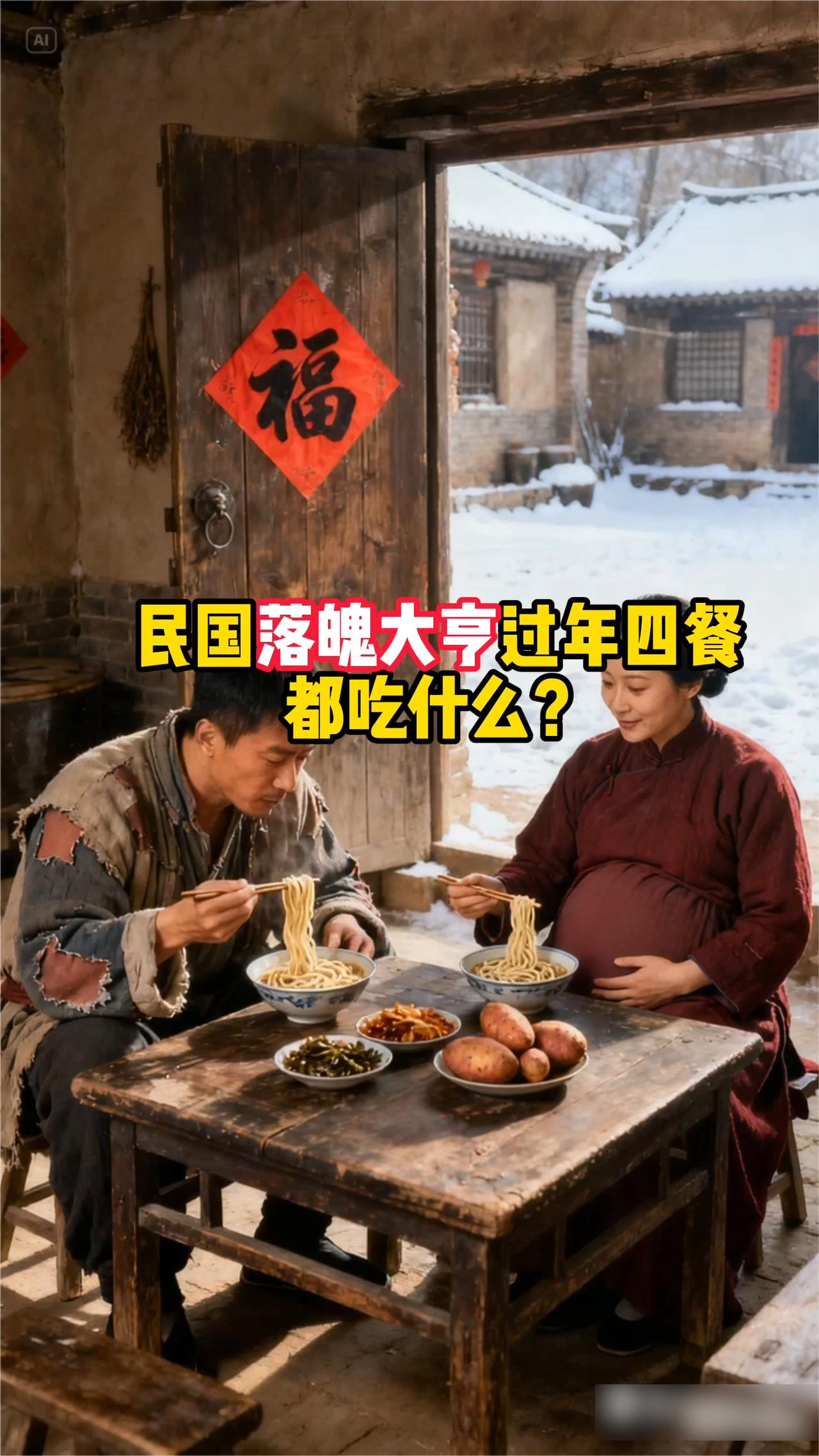 民国落魄大亨过年的四餐都吃什么？·午餐：面条、咸菜和地瓜，平常难得吃。·晚餐