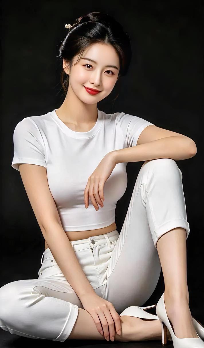 《纯白定格的从容》纯白短袖，轻触肌肤的呼吸长裤勾勒，随性里的利落高跟