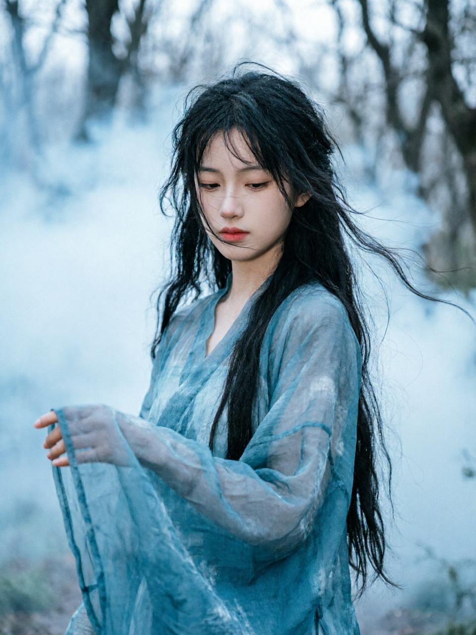 仙气缭绕的森林中，一位黑发女子轻纱遮面，宛如画中仙子。