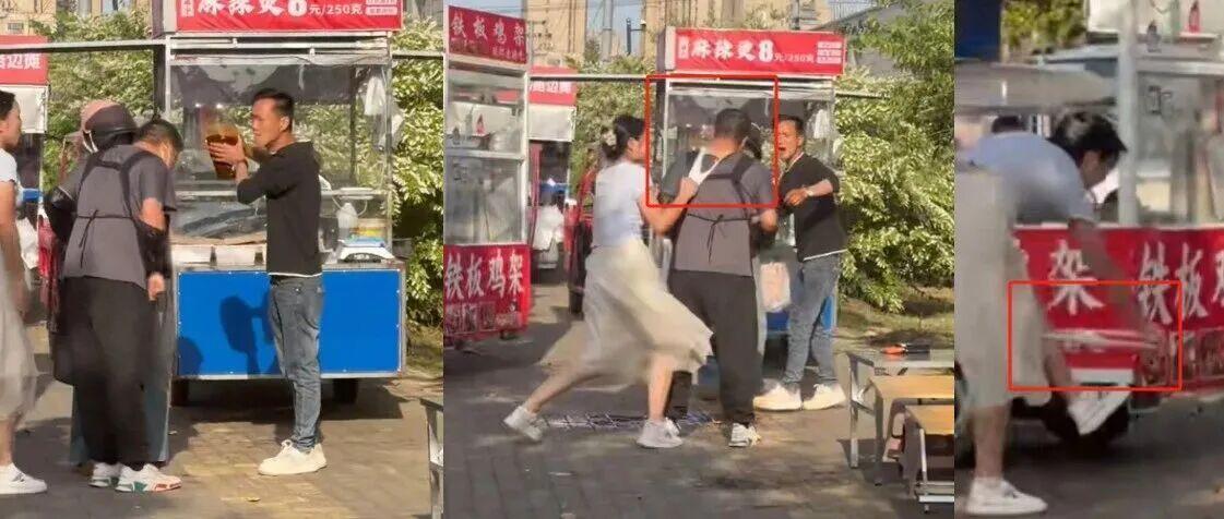 开眼了！一名麻辣烫摊主和铁板鸡架摊主因为争夺地盘吵了起来，没成想，摊主夫妻俩又是