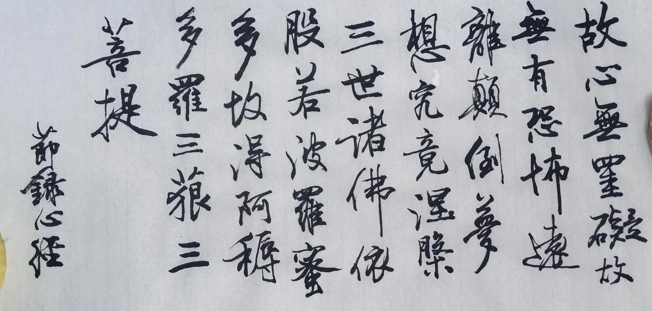 书写《心经》节选，笔意清雅，线条灵动，行气舒缓，自带沉静的禅意。墨色有枯润变化，